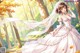 A woman in a wedding dress standing in the woods.