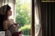 A woman in a dress and bonnet looking out a window.